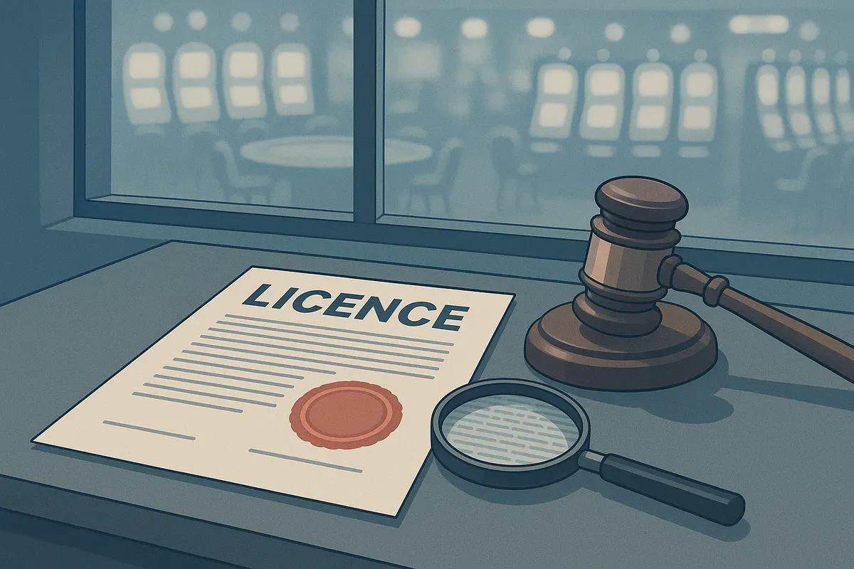 Licence document and magnifying glass on a regulator's desk with a casino floor in the background