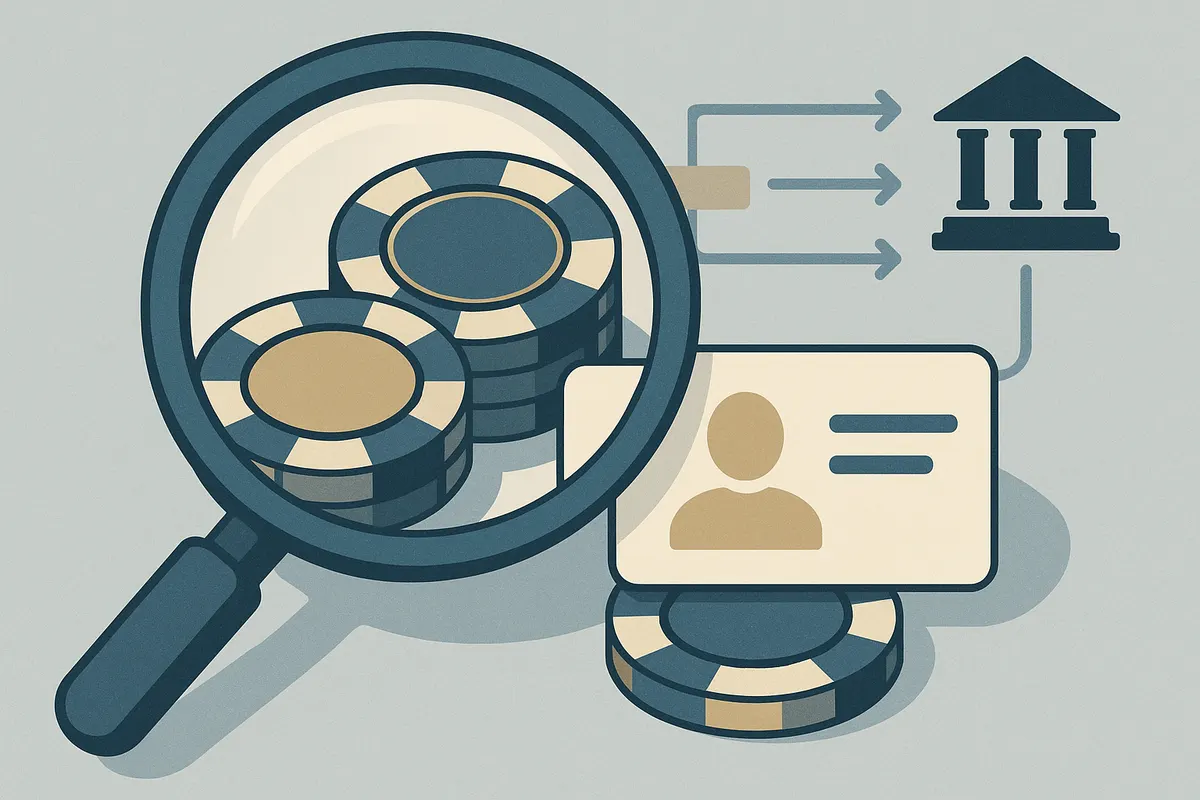 Magnifying glass over casino chips and an ID card, illustrating AML and KYC checks in online gambling