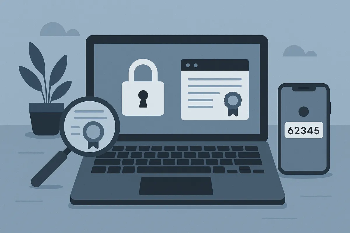Illustration of a player checking a casino site's padlock, licence document and two-factor code before depositing